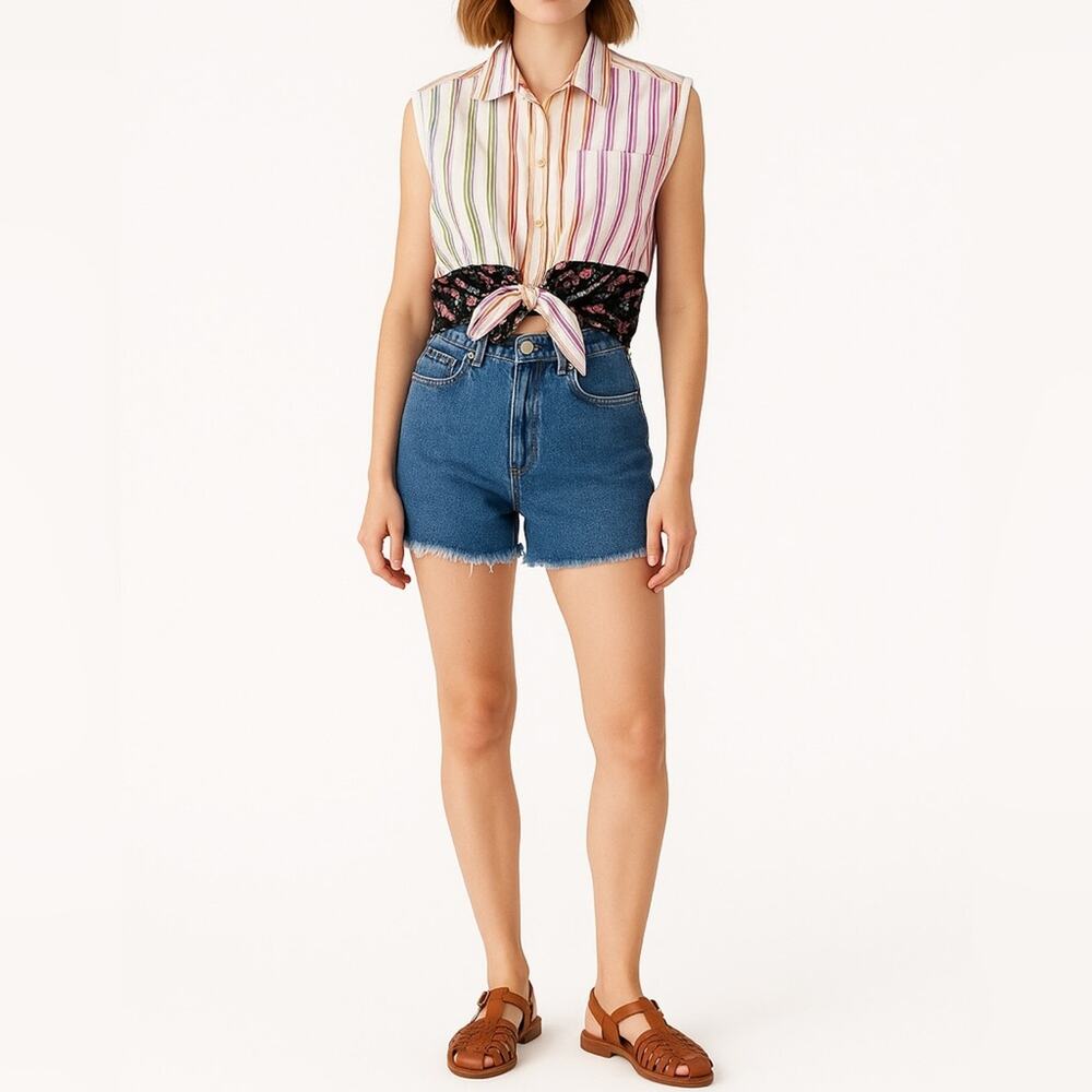 HANDMADE Tie Front Crop Button Front Top  | M | Multi Stripe | Eclectic Boho